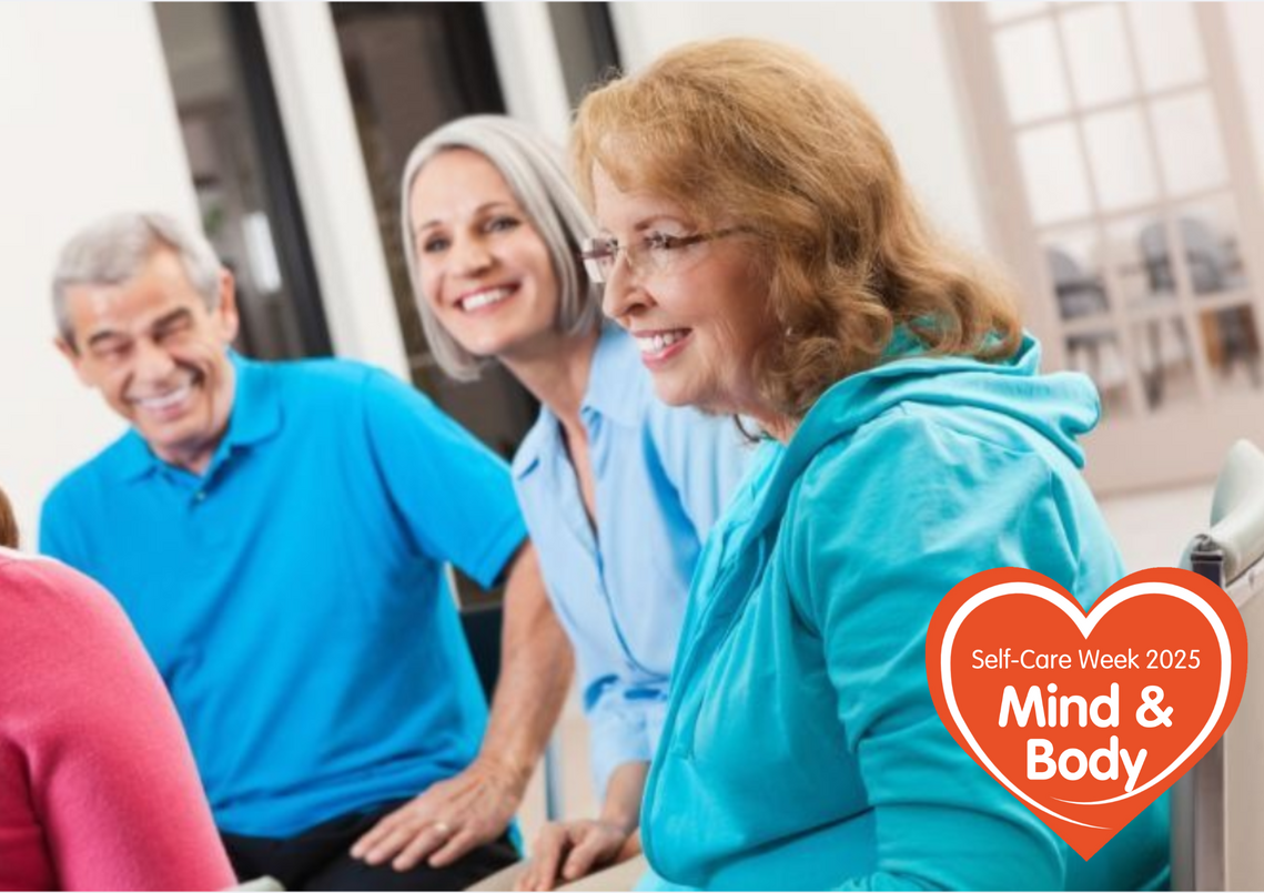 4 adults chatting with happy animation. Self Care Week logo in corner