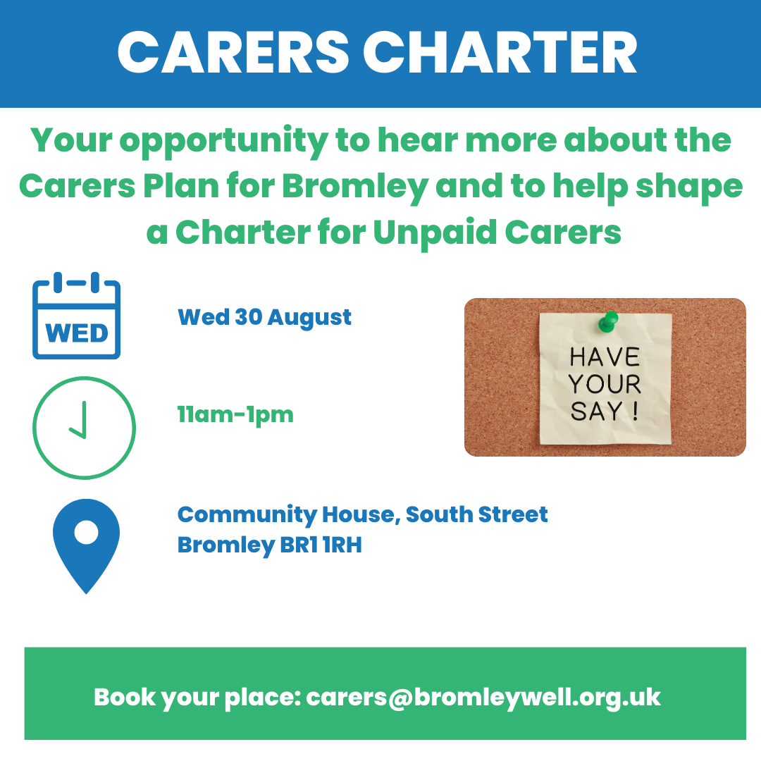 poster for carers charter consultation event 30.8.2023