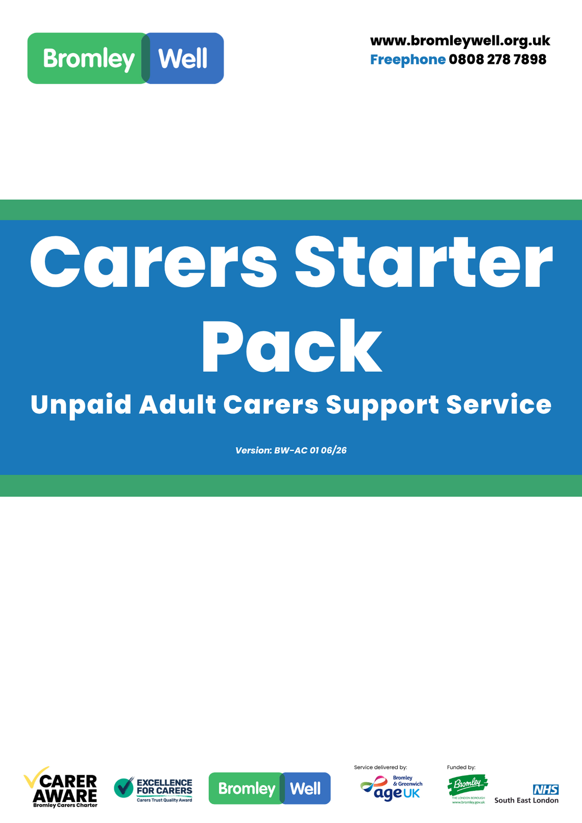 front cover of the pack with title, logos and contact details