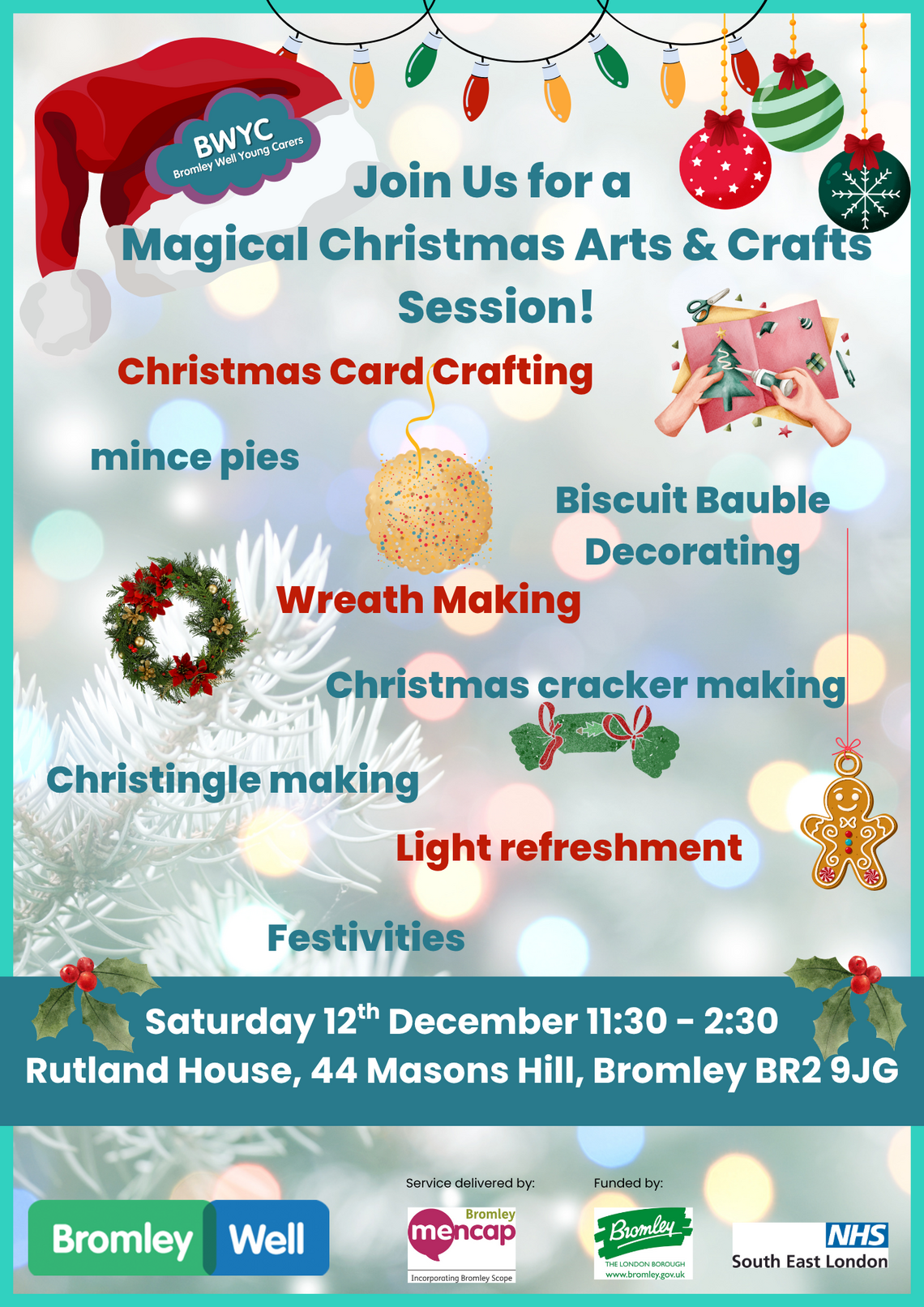 poster for Christmas arts and crafts workshop for young carers 2026