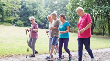 5 older adults walking in a park