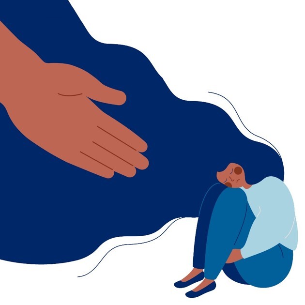 Illustration of woman sitting on the floor looking sad and alone, as a helping hand comes in from the corner for support for her