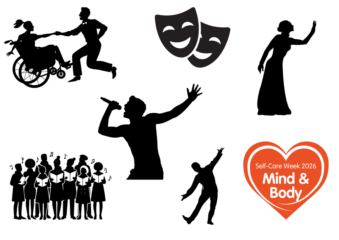 silhouettes showing people singing, dancing, acting