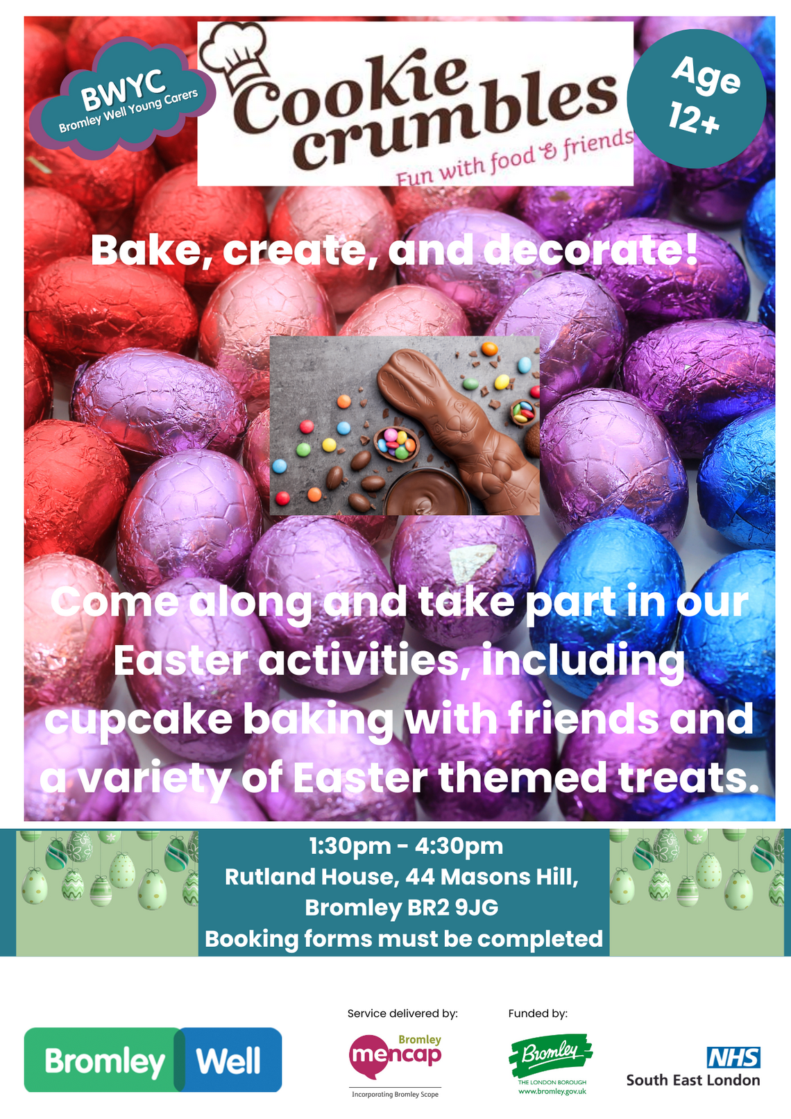 background filled with brightly coloured foil wrapped mini easter eggs. Details of Easter sweet treats event for 12+ years