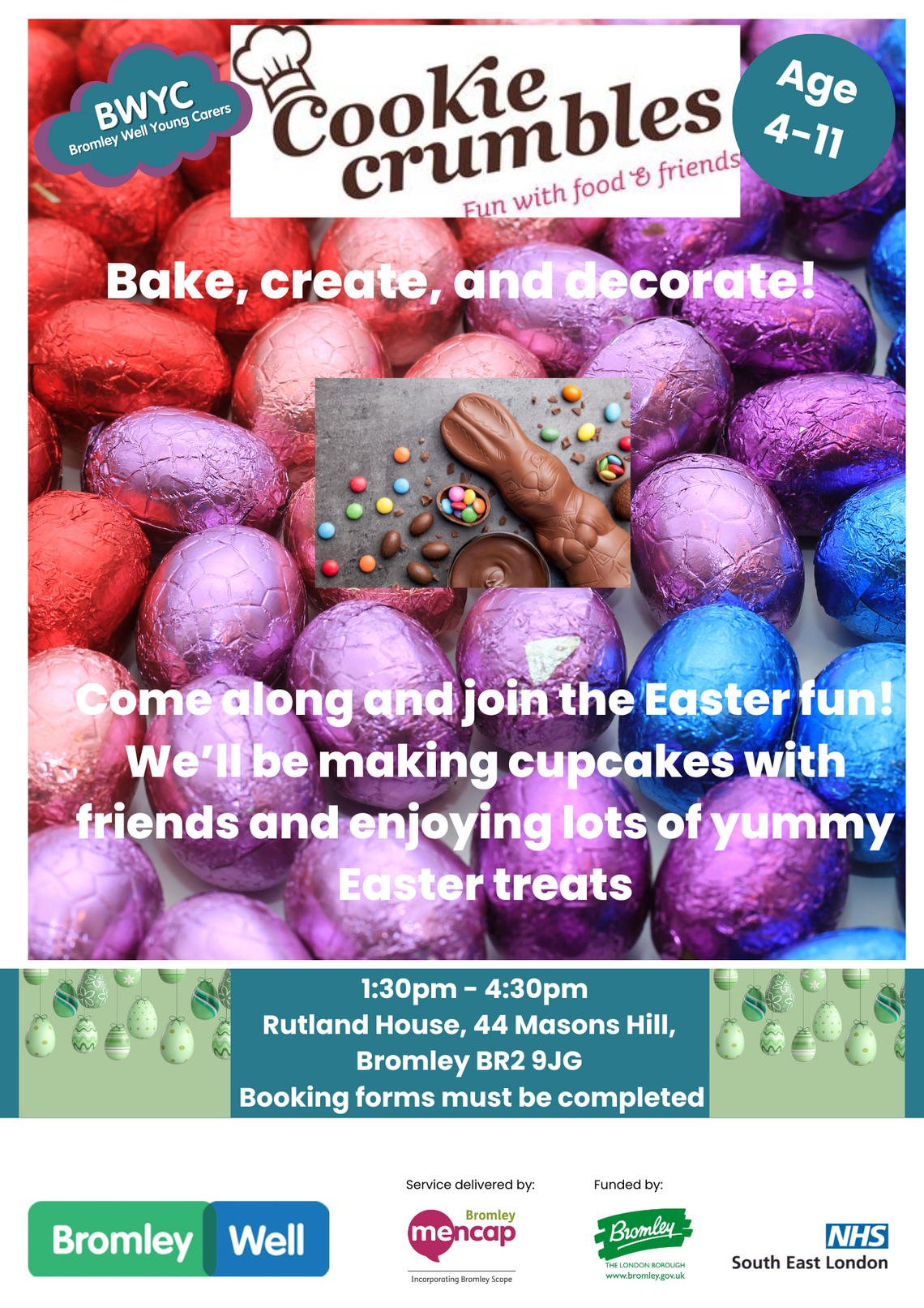 backgrounf filled with brightly coloured foil wrapped mini easter eggs. Details of Easter sweet treats event for 4-11 years