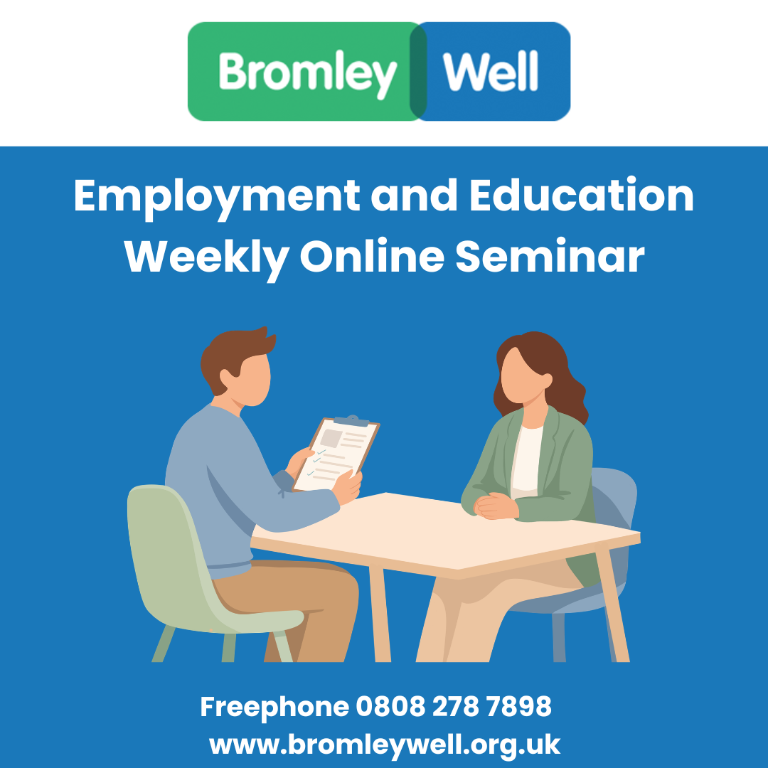 poster showing a person being interviewed to advertise the weekly seminars from employment and education service