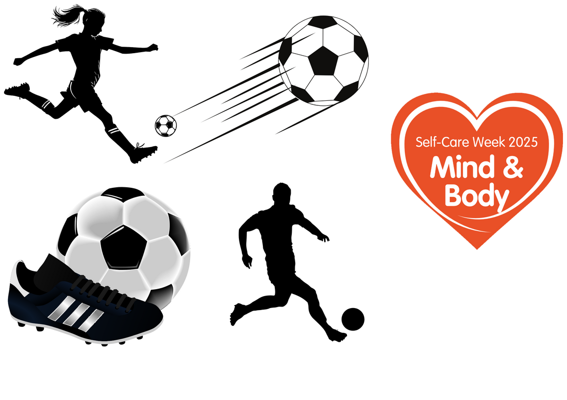 black and white outlines of footballs and children kicking foorballs