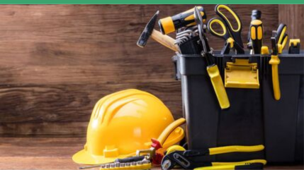 yellow hard hat and a toolbox