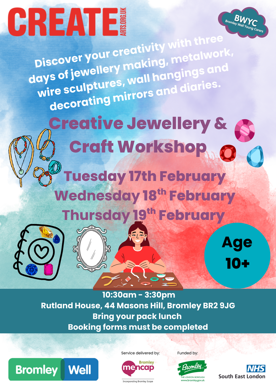 colourful painted background with an image of a young person sat at a craft table. 