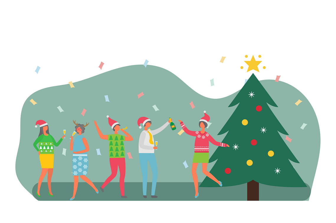 An illustration of men and women dressed in festive clothing having a party on a green background with a christmas tree
