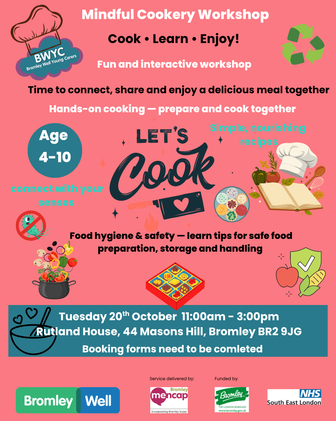 pale pink poster for cookery workshop for young carers 4-10 yrs. Time, date, venue and dotted with small pictures showing ingredients and chef hat