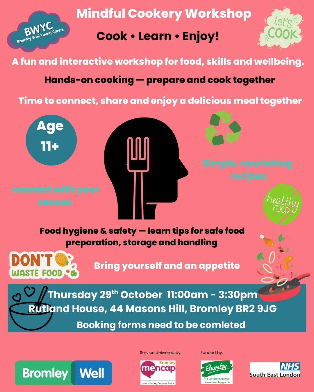 pink poster about cookery workshop for young carers aged 11+