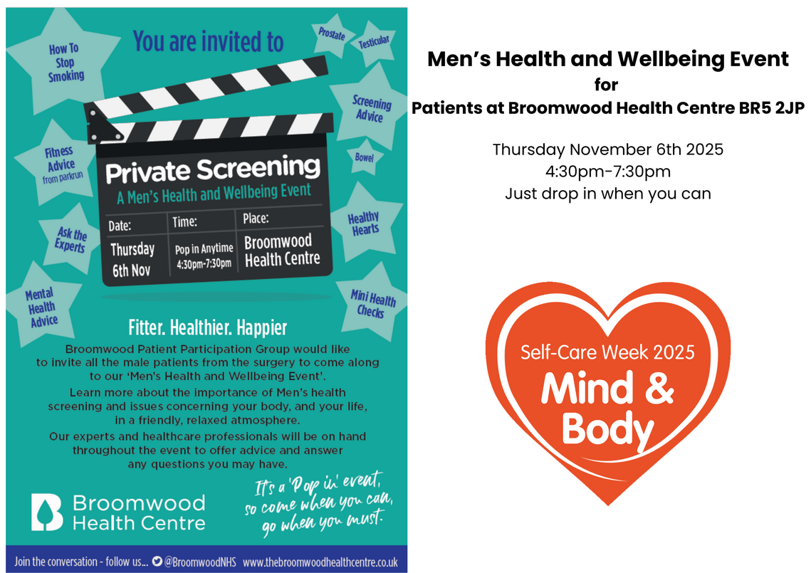 poster for mens health event at Broomwood HC, orpington