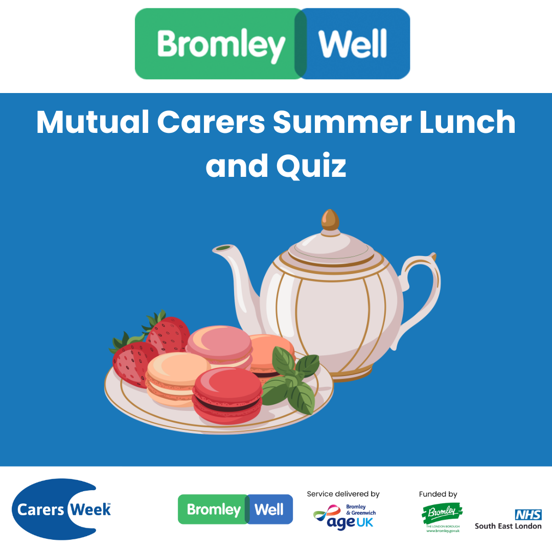 poster with picture of teapot, strawberries and cakes. heading is Mutual Carers Summer Lunch and quiz
