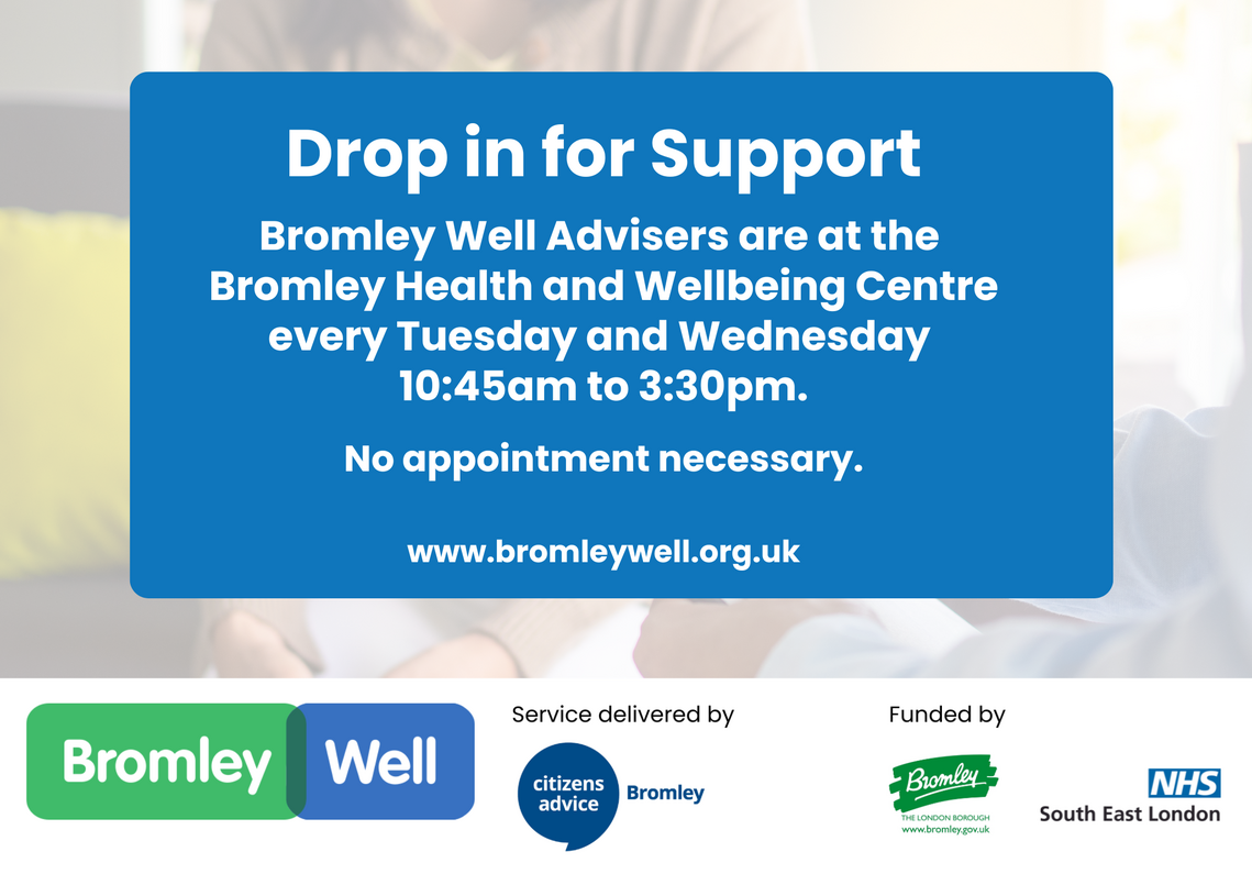 Notice providing opening times of Bromley Well drop in at the One Bromley Hub i nSouth Bromley area. Tues and wed 10:45-3:30pm 