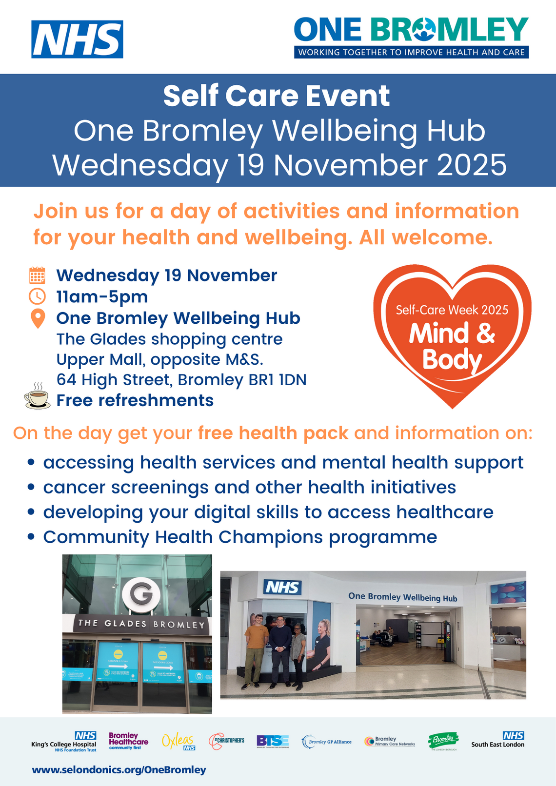 poster for One Bromley Self care event dop in Nov 19th