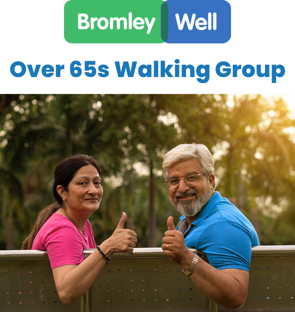 poster for over 65s walking group showing 2 people on park bench looking behind to camera with thumbs up and smiling