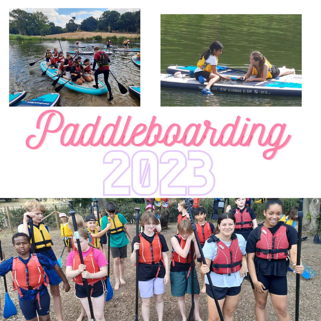 poster with 3 photos of groups of young people with life jackets and paddleboards