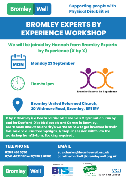 Copy of a flyer for an X by X workshop for people with physical disabilities
