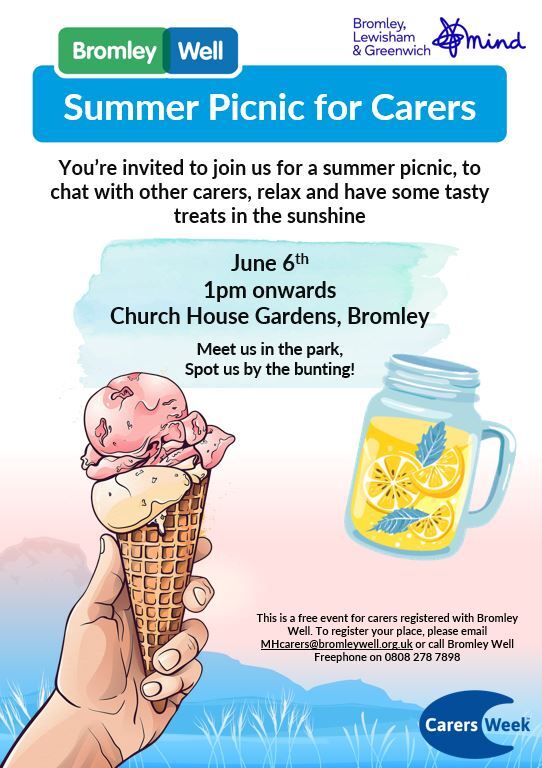 Advert for summer picnic for carers, with ice cream cone and juice