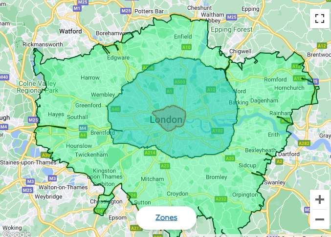 Map of London showing zones where emissions zones and congestion charges apply from 29/8/23