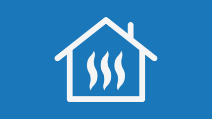 blue background with a simple white icon of a house with a 3 flames in the middle 