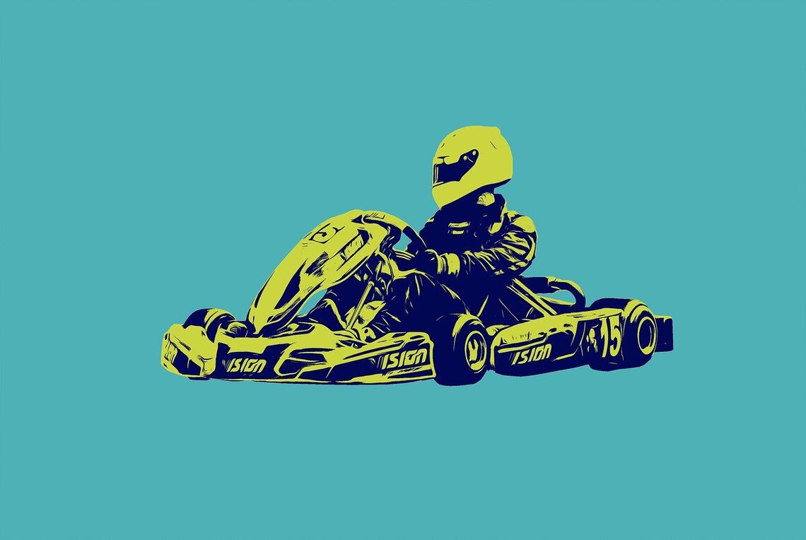 An illustrated image of a person in a go-kart