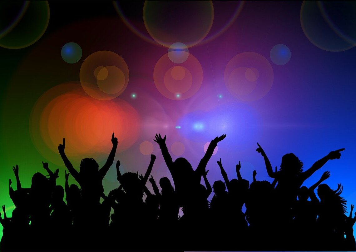 An illustrated image of the shadows of young people dancing against a colourful background of various colours