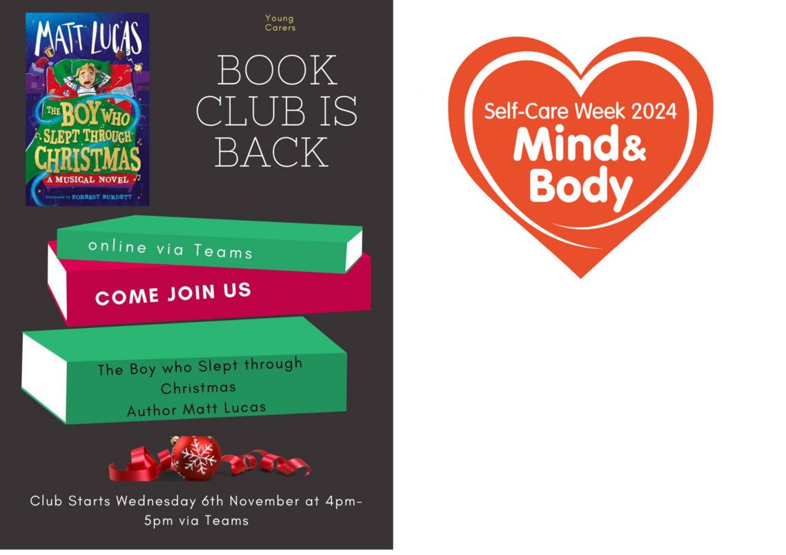 poster for young carers book club with pictire of the book they will read, time and online information