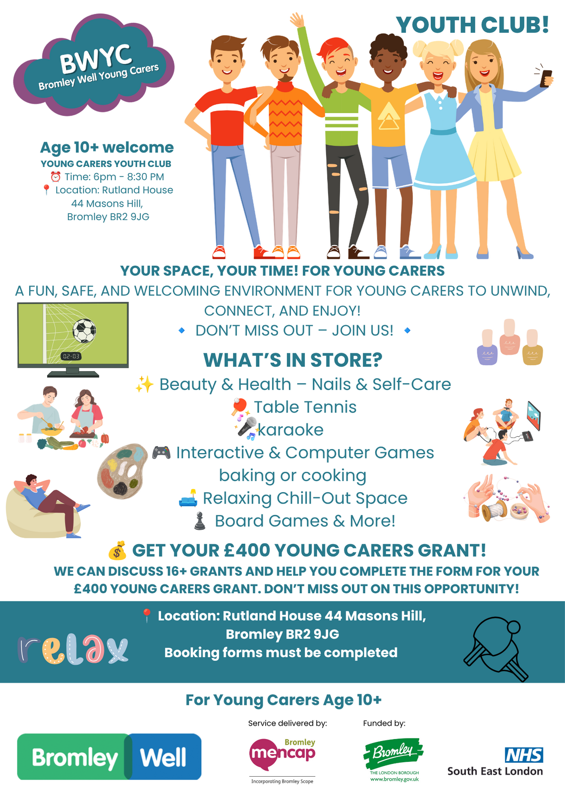 colourful poster advertising young carers youth club with written details of all the fun activities available for ages 10+