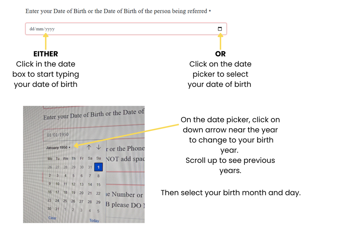 adding a date of birth using a date picker on a computer
