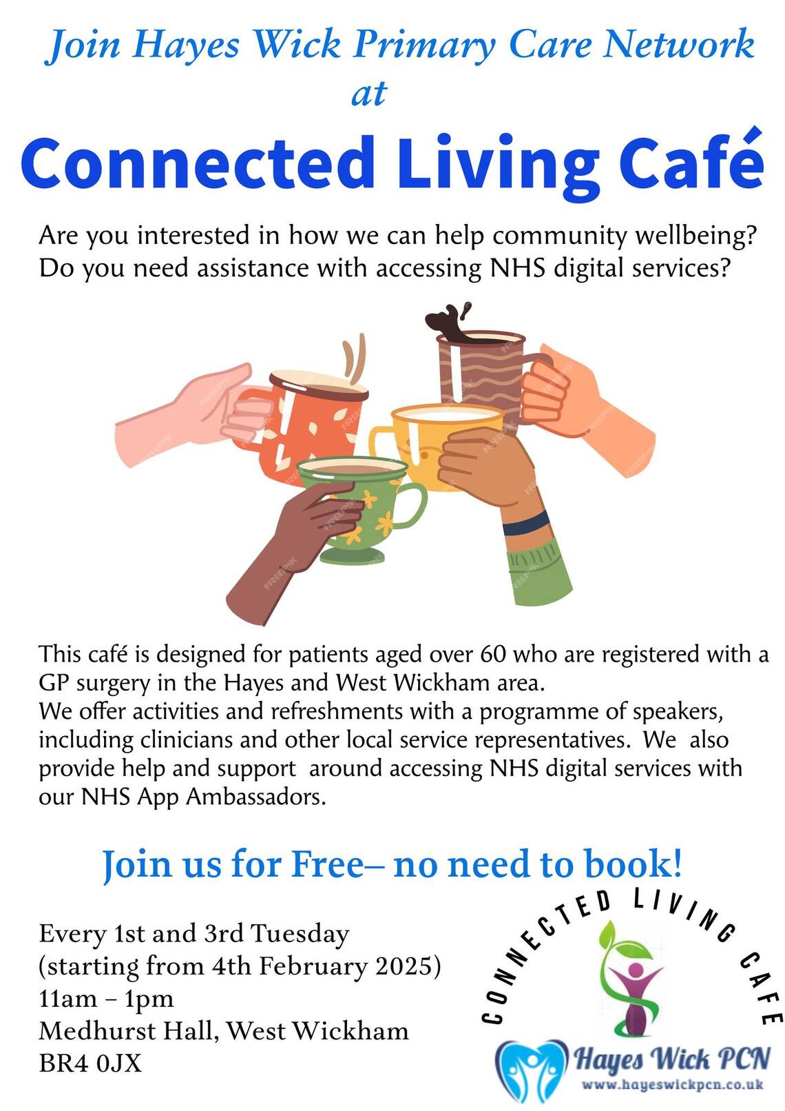 poster for Hayes Wick connected living cafe for patients 60+