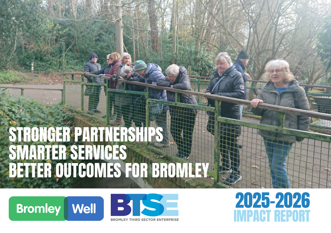 front cover of BTSE / Bromley Well impact report 2025-26 showing small group of people standing on a footbridge in a park