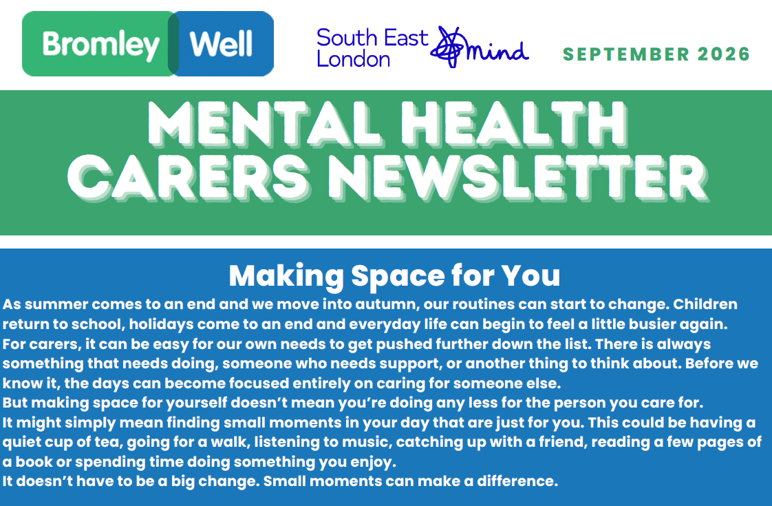 text from front cover of newsletter, explaining the service delivered by South east London Mind